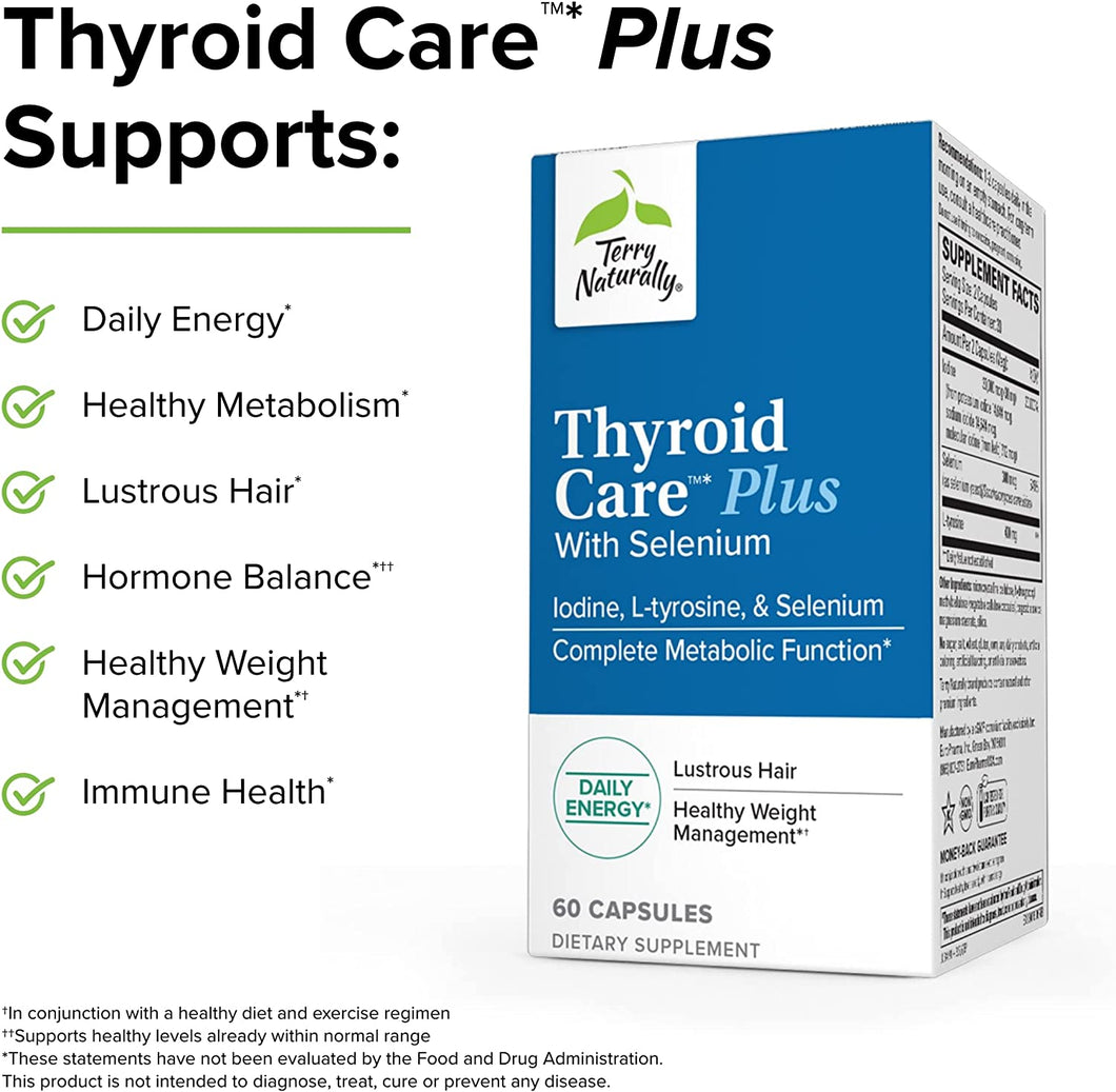 Terry Naturally Thyroid Care Plus - 60 Capsules - with Selenium, Iodine & L-Tyrosine - Non-GMO, Gluten Free, Kosher - 30 Servings