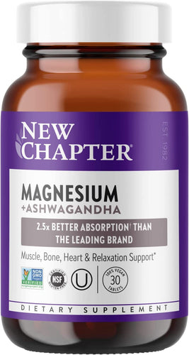 Magnesium, New Chapter Magnesium + Ashwagandha Supplement, 2.5X Absorption, Muscle Recovery, Heart & Bone Health, Calm & Relaxation, Gluten Free, Non-GMO - 30 Count