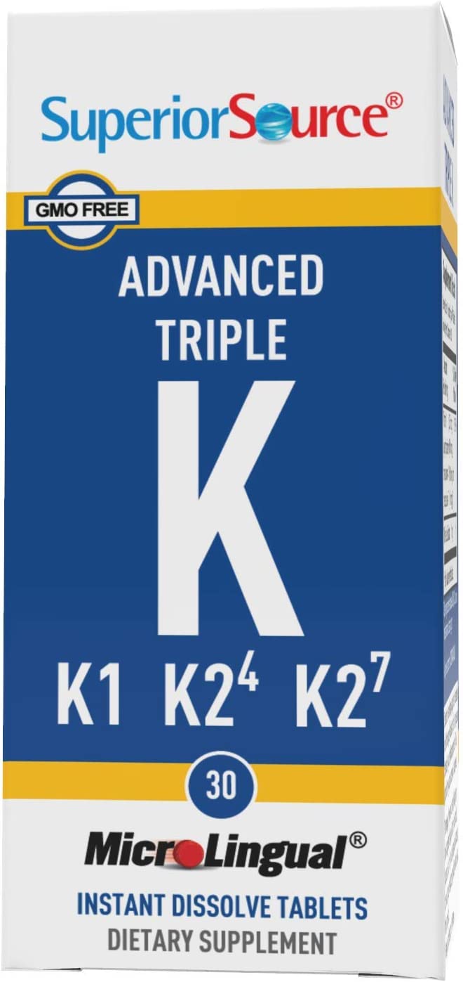 Superior Source Triple K, 3-in-1 Formula, MK-4 500 mcg, MK-7 50 mcg, K1 500 mcg, Quick Dissolve Sublingual Tablets, 30 Count, Healthy Bones and Arteries, Immune & Cardiovascular Support, Non-GMO