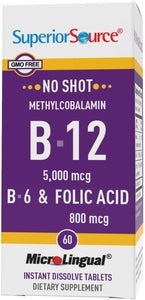 Superior Source No Shot Vitamin B12 Methylcobalamin (5000 mcg), B6, Folic Acid, Quick Dissolve Sublingual Tablets, 60 Ct, Increase Energy, Healthy Heart, Boost Metabolism, Stress Support, Non-GMO