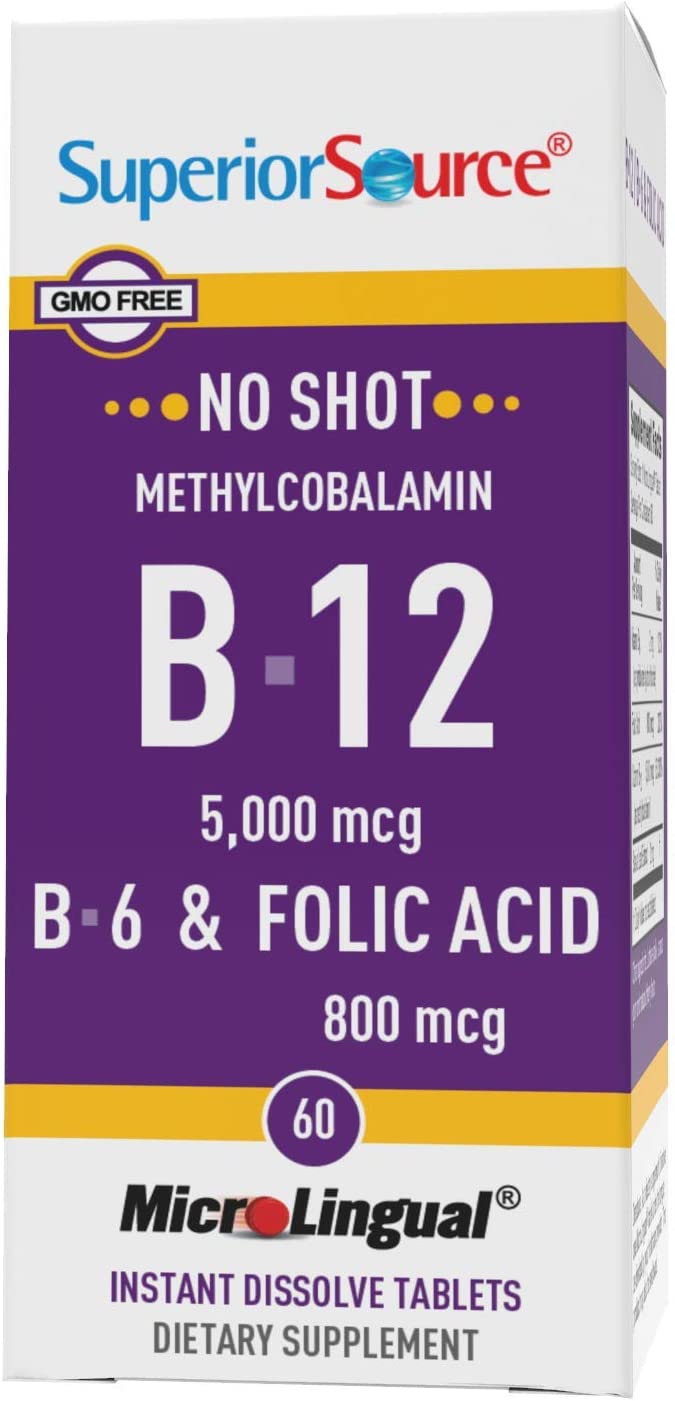 Superior Source No Shot Vitamin B12 Methylcobalamin (5000 mcg), B6, Folic Acid, Quick Dissolve Sublingual Tablets, 60 Ct, Increase Energy, Healthy Heart, Boost Metabolism, Stress Support, Non-GMO