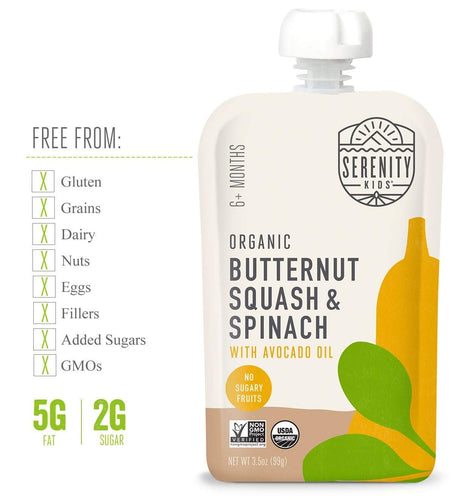 Serenity Kids Baby Food Pouches, Organic Butternut Squash and Spinach with Avocado Oil, For 6+ Months, 3.5 Ounce Pouch (6 Pack)