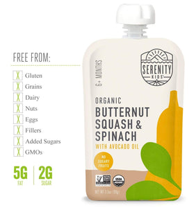 Serenity Kids Baby Food Pouches, Organic Butternut Squash and Spinach with Avocado Oil, For 6+ Months, 3.5 Ounce Pouch (6 Pack)