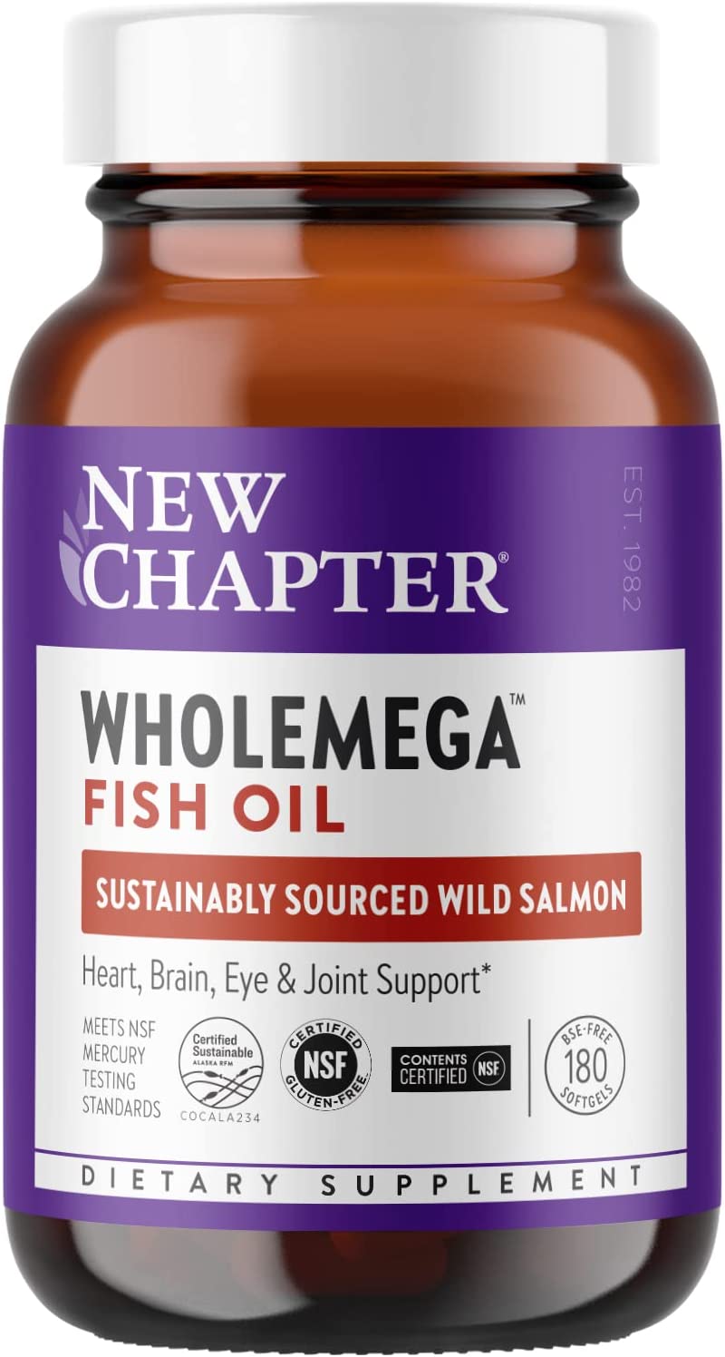 New Chapter Wholemega Fish Oil Supplement Softgels, Wild Alaskan Salmon Oil with Omega-3 + Astaxanthin + Sustainably Caught, 180 Count
