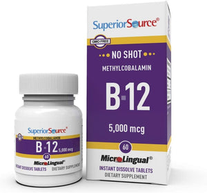 Superior Source No Shot Vitamin B12 Methylcobalamin, Quick Dissolve Sublingual Tablets, Active Form of B12, Increase Metabolism, Energy Production, Nervous System Support, Non-GMO (Vitamin B12 5,000mcg)