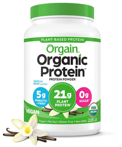 Orgain Organic Plant Based Protein Powder, Vanilla Bean - 21g of Protein, Vegan, Low Net Carbs, Gluten Free, Lactose Free, No Sugar Added, Soy Free, Kosher, Non-GMO, 2.03 Lb