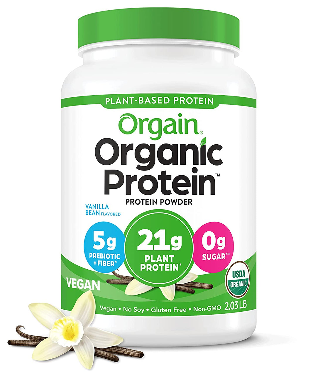 Orgain Organic Plant Based Protein Powder, Vanilla Bean - 21g of Protein, Vegan, Low Net Carbs, Gluten Free, Lactose Free, No Sugar Added, Soy Free, Kosher, Non-GMO, 2.03 Lb