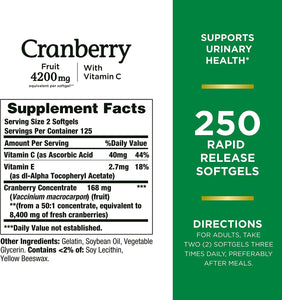 Nature’s Bounty Cranberry 4200mg With Vitamin C, Urinary Health & Immune Support, Cranberry Concentrate, 250 Rapid Release Softgels