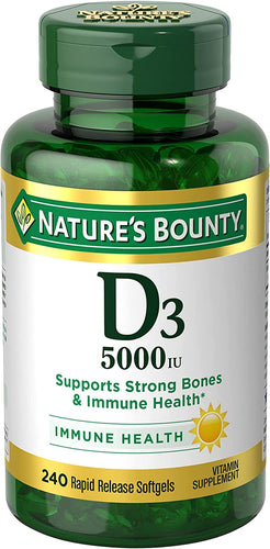 Nature’s Bounty Vitamin D3, Immune Support, 125 mcg (5000iu), Rapid Release Softgels, 240 Ct