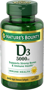 Nature’s Bounty Vitamin D3, Immune Support, 125 mcg (5000iu), Rapid Release Softgels, 240 Ct