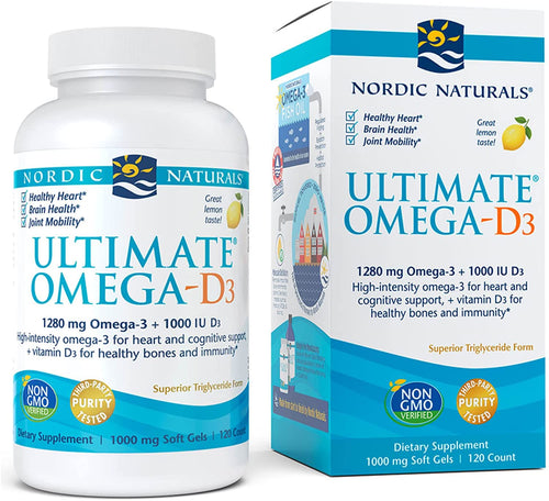 Nordic Naturals Ultimate Omega-D3, Lemon Flavor - 1280 mg Omega-3 + 1000 IU Vitamin D3-120 Soft Gels - Omega-3 Fish Oil - EPA & DHA - Promotes Brain, Heart, Joint, & Immune Health - 60 Servings