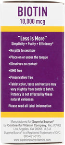 Superior Source Biotin 10000 mcg. Under The Tongue Quick Dissolve Sublingual Tablets, 60 Count, Supports Healthy Hair, Skin, and Nail Growth, Helps Support Energy Metabolism, Non-GMO