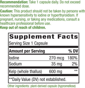 Nature's Way Kelp 600 mg Non-GMO Project Verified Gluten Free Vegetarian; 180 Count (Packaging May Vary)