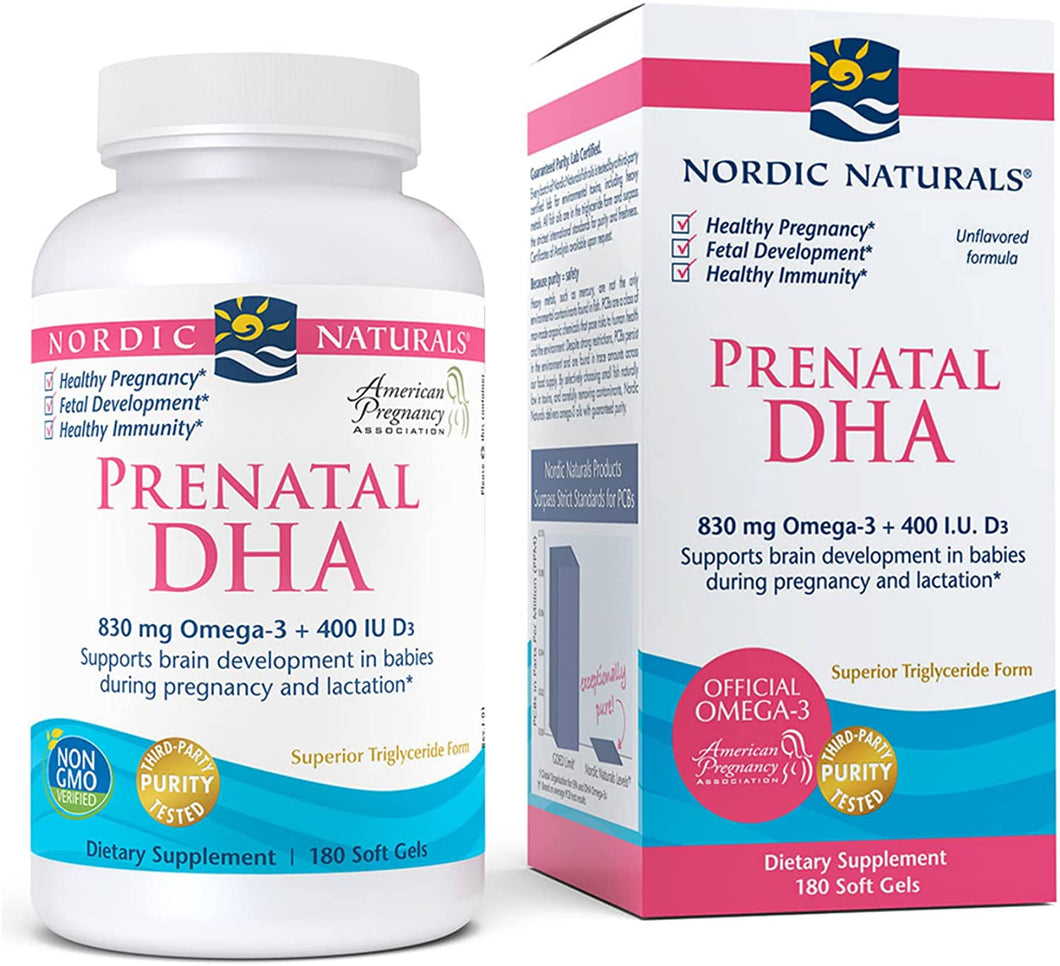 Nordic Naturals Prenatal DHA, Unflavored - 830 mg Omega-3 + 400 IU Vitamin D3-180 Soft Gels - Supports Brain Development in Babies During Pregnancy & Lactation - Non-GMO - 90 Servings