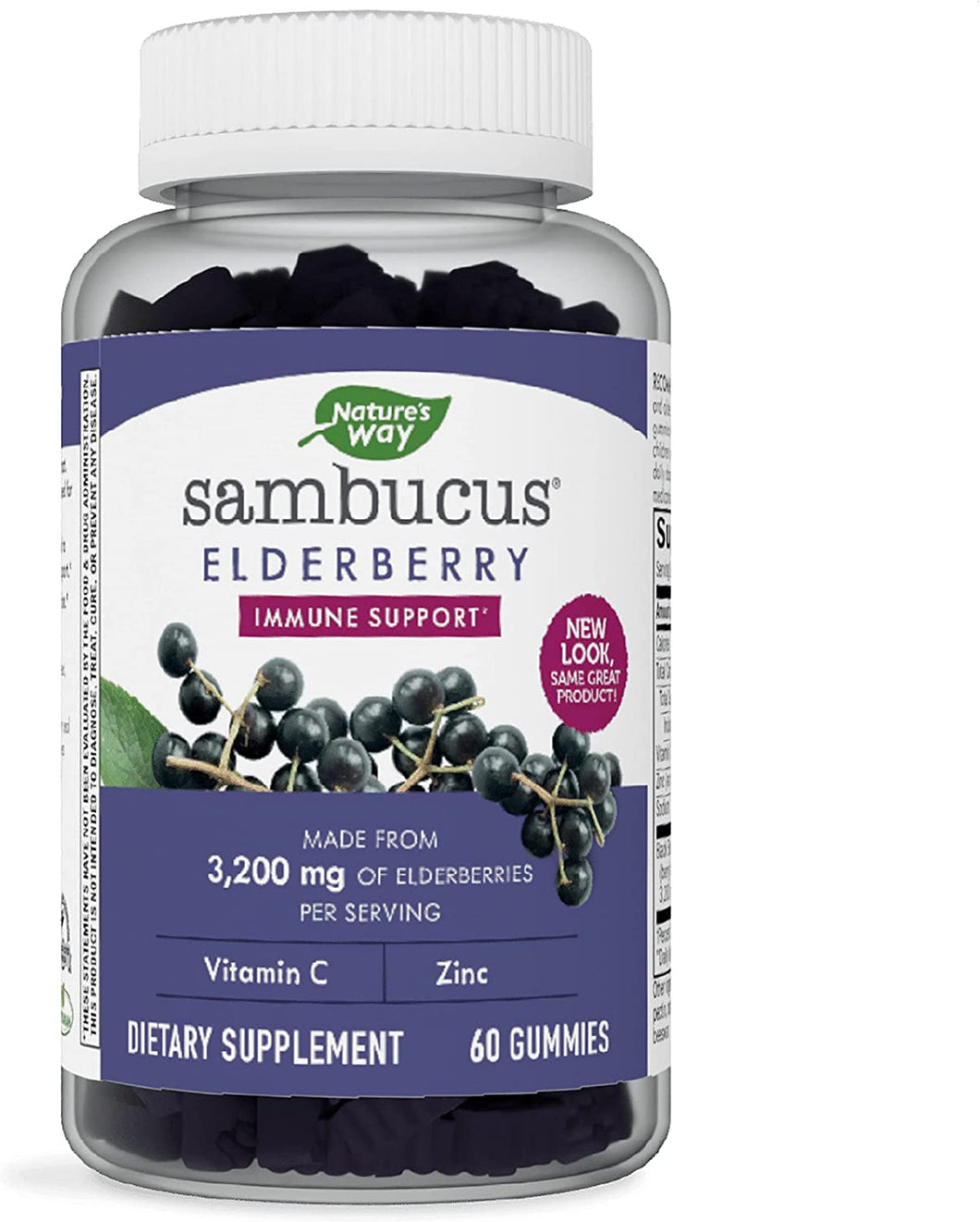 Nature's Way Sambucus Black Elderberry Gummies with Vitamin C and Zinc for Adult, Immune Support*, 3200 mg, 60 Count