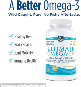Nordic Naturals Ultimate Omega-D3, Lemon Flavor - 1280 mg Omega-3 + 1000 IU Vitamin D3-120 Soft Gels - Omega-3 Fish Oil - EPA & DHA - Promotes Brain, Heart, Joint, & Immune Health - 60 Servings