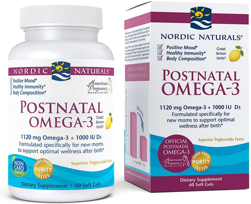 Nordic Naturals Postnatal Omega-3, Lemon - 1120 Total Omega-3 + 1000 IU Vitamin D3-60 Soft Gels - Formulated for New Moms; Supports Optimal Wellness, Positive Mood, Healthy Metabolism - 30 Servings