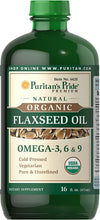 Load image into Gallery viewer, Puritan&#39;s Pride Organic Flaxseed Oil, Cold-Pressed, Source of Vegetarian Omega 3-6-9, 16 Fluid Ounce, Pack of 1