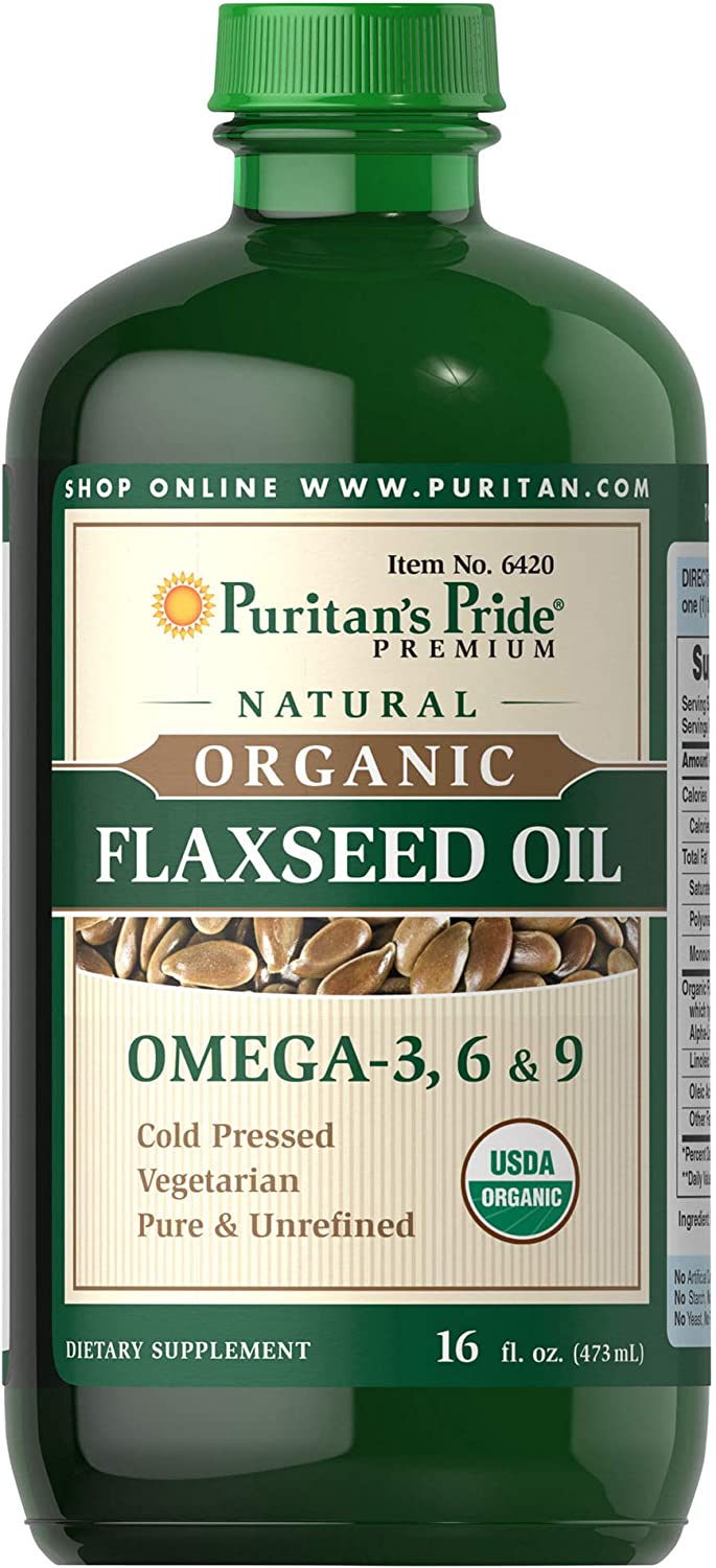 Puritan's Pride Organic Flaxseed Oil, Cold-Pressed, Source of Vegetarian Omega 3-6-9, 16 Fluid Ounce, Pack of 1