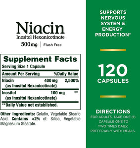 Nature’s Bounty Niacin 500mg Flush Free, Cellular Energy Support, Supports Nervous System Health, 120 Capsules