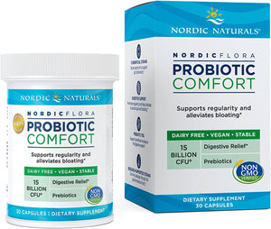 Nordic Naturals Nordic Flora Probiotic Comfort - 30 Capsules - 13 Probiotic Strains w/ 15 Billion Cultures - Supports Regularity & Digestive Comfort, Alleviates Bloating - Non-GMO, Vegan - 30 Servings