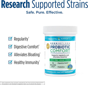 Nordic Naturals Nordic Flora Probiotic Comfort - 30 Capsules - 13 Probiotic Strains w/ 15 Billion Cultures - Supports Regularity & Digestive Comfort, Alleviates Bloating - Non-GMO, Vegan - 30 Servings