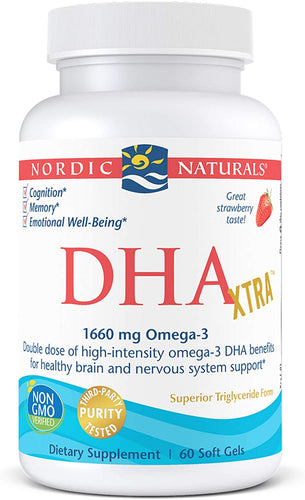 Nordic Naturals DHA Xtra, Strawberry - 60 Soft Gels - 1660 mg Omega-3 - High-Intensity DHA Formula for Brain & Nervous System Support - Non-GMO - 30 Servings