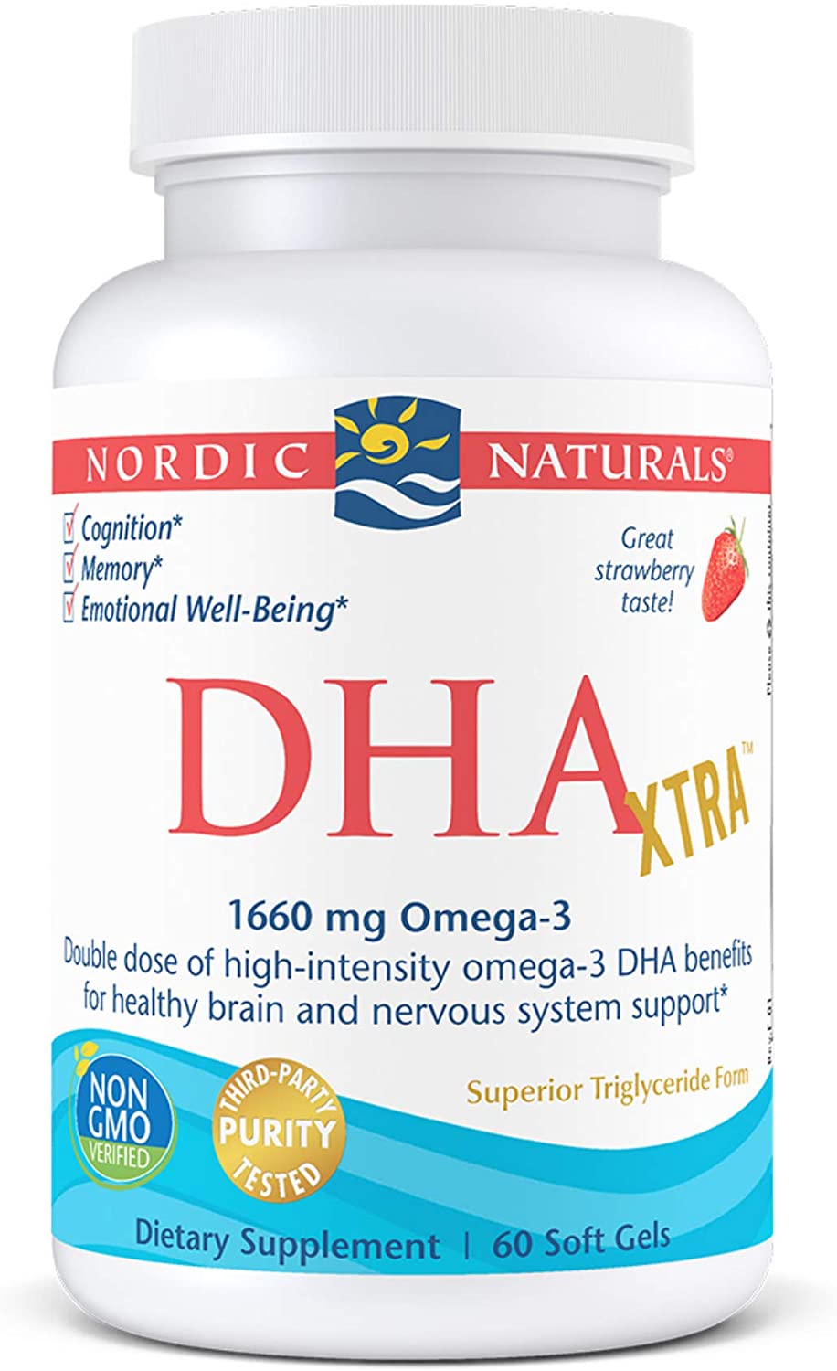 Nordic Naturals DHA Xtra, Strawberry - 60 Soft Gels - 1660 mg Omega-3 - High-Intensity DHA Formula for Brain & Nervous System Support - Non-GMO - 30 Servings