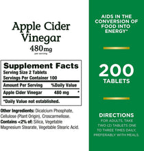 Load image into Gallery viewer, Nature’s Bounty Apple Cider Vinegar 480mg Pills, Vegetarian Supplement Plant Based, 200 Tablets