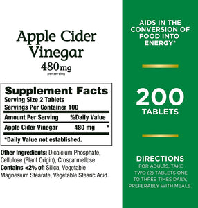 Nature’s Bounty Apple Cider Vinegar 480mg Pills, Vegetarian Supplement Plant Based, 200 Tablets