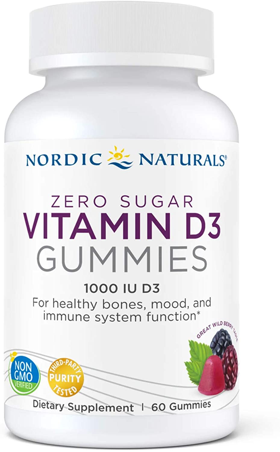 Nordic Naturals Zero Sugar Vitamin D3 Gummies, Wild Berry - 1000 IU Vitamin D3-60 Gummies - Great Taste - Healthy Bones, Mood & Immune System Function - Non-GMO - 60 Servings