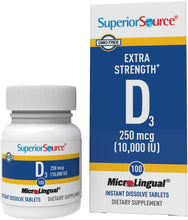 Load image into Gallery viewer, Superior Source Vitamin D3 10000 IU, Under The Tongue Quick Dissolve Sublingual Tablets, 100 Count, Promotes Strong Bones and Teeth, Immune Support, Healthy Muscle Function, Non-GMO
