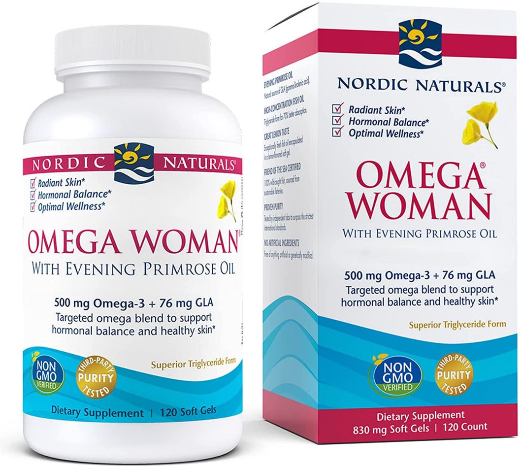 Nordic Naturals Omega Woman, Lemon - 120 Soft Gels - 500 mg Omega-3 + 800 mg Evening Primrose Oil - Healthy Skin, Hormonal Balance, Optimal Wellness - Non-GMO - 60 Servings