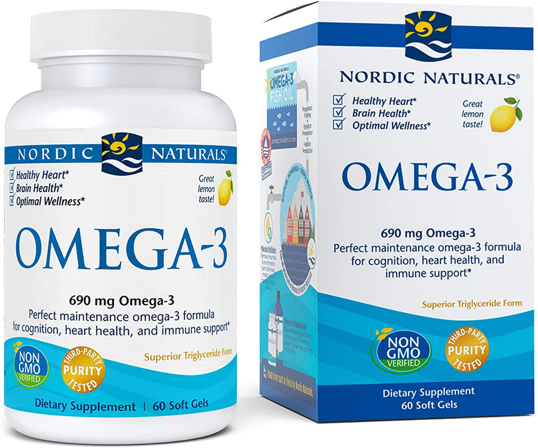 Nordic Naturals Omega-3, Lemon Flavor - 690 mg Omega-3-60 Soft Gels - Fish Oil - EPA & DHA - Immune Support, Brain & Heart Health, Optimal Wellness - Non-GMO - 30 Servings