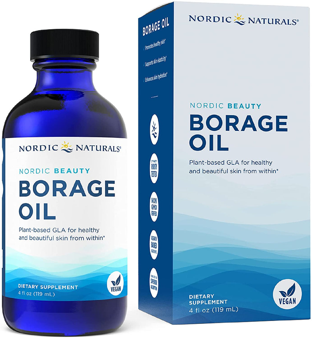 Nordic Naturals Nordic Beauty Borage Oil, Unflavored Borage Seed Oil, Unique Omega-6 for Healthy and Hydrated Skin, 480 Milligrams of GLA, Non GMO, Vegan, 4 Ounces, 48 Servings