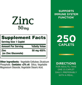 Nature’s Bounty Zinc 50mg, Immune Support & Antioxidant Supplement, Promotes Skin Health 250 Caplets