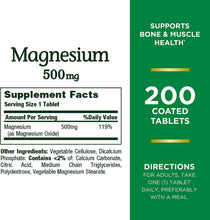Load image into Gallery viewer, Nature’s Bounty Magnesium, Bone and Muscle Health, Tablets, 500 mg, 200 Ct