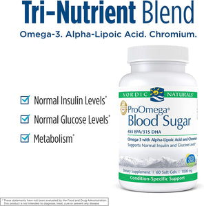 Nordic Naturals ProOmega Blood Sugar - Fish Oil, 455 mg EPA, 315 mg DHA, 200 ug Chromium, 300 mg Alpha-Lipoic Acid, Supports Normal Insulin and Glucose Levels*, 60 Soft Gels