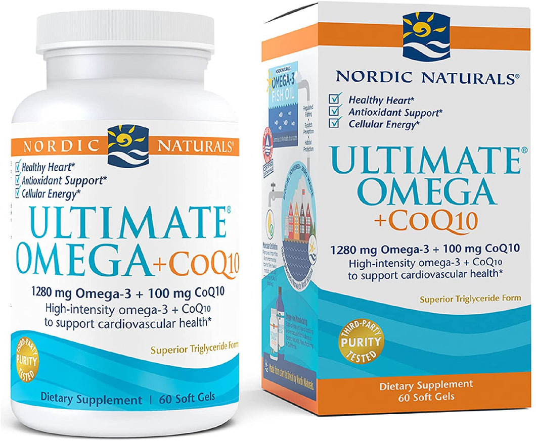 Nordic Naturals Ultimate Omega + CoQ10, Lemon - 60 Soft Gels - 1280 mg Omega-3 + 100 mg CoQ10 - Heart Health, Cellular Energy, Antioxidant Support - Non-GMO - 30 Servings