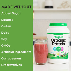 Orgain Organic Plant Based Protein Powder, Vanilla Bean - 21g of Protein, Vegan, Low Net Carbs, Gluten Free, Lactose Free, No Sugar Added, Soy Free, Kosher, Non-GMO, 2.03 Lb