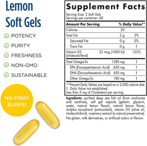 Nordic Naturals Ultimate Omega-D3, Lemon Flavor - 1280 mg Omega-3 + 1000 IU Vitamin D3-120 Soft Gels - Omega-3 Fish Oil - EPA & DHA - Promotes Brain, Heart, Joint, & Immune Health - 60 Servings