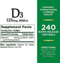 Load image into Gallery viewer, Nature’s Bounty Vitamin D3, Immune Support, 125 mcg (5000iu), Rapid Release Softgels, 240 Ct