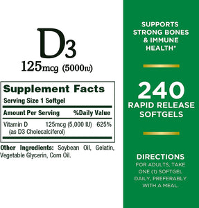 Nature’s Bounty Vitamin D3, Immune Support, 125 mcg (5000iu), Rapid Release Softgels, 240 Ct