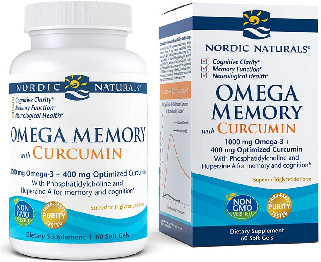 Nordic Naturals Omega Memory with Curcumin, Lemon - 60 Soft Gels - 1000 mg Omega-3 + 400 mg Optimized Curcumin - Memory, Cognition - Contains Phosphatidylcholine & Huperzine A - Non-GMO - 30 Servings