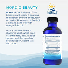 Load image into Gallery viewer, Nordic Naturals Nordic Beauty Borage Oil, Unflavored Borage Seed Oil, Unique Omega-6 for Healthy and Hydrated Skin, 480 Milligrams of GLA, Non GMO, Vegan, 4 Ounces, 48 Servings