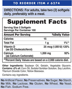 Puritan's Pride Absorbable Calcium with Vitamin D 3 1000iu Softgels, 1200 mg, 200 Count