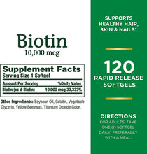 Load image into Gallery viewer, Nature’s Bounty Biotin, Supports Healthy Hair, Skin and Nails, 10000 mcg, Rapid Release Softgels, 120 Ct
