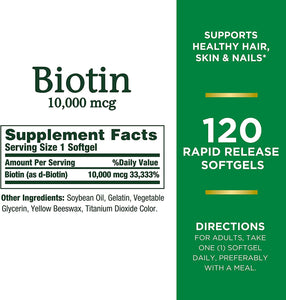 Nature’s Bounty Biotin, Supports Healthy Hair, Skin and Nails, 10000 mcg, Rapid Release Softgels, 120 Ct
