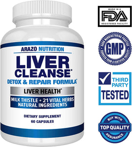 Liver Cleanse Detox & Repair Formula – 22 Herbs Support Supplement: Milk Thistle Extracts Silymarin, Beet, Artichoke, Dandelion, Chicory Root – Arazo Nutrition USA
