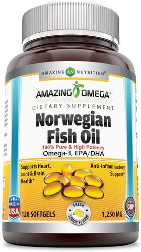 Amazing Omega Norwegian Fish Oil 1250mg 120 Softgels - Supports Anti-inflammatory, Heart, Joint & Brain Health (Lemon Flavor)
